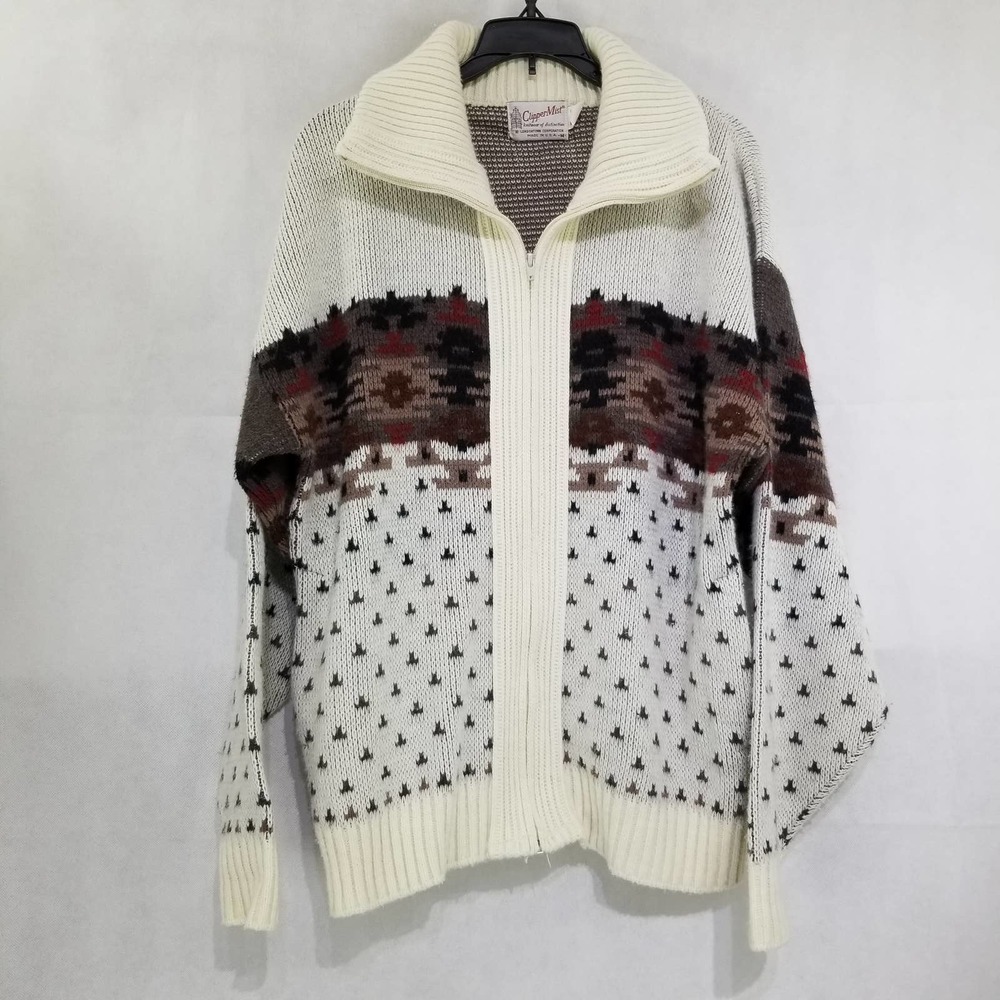 Vintage Clipper Mist Nordic Fair Isle Zip Up Sweater  M Made In USA Acrylic
